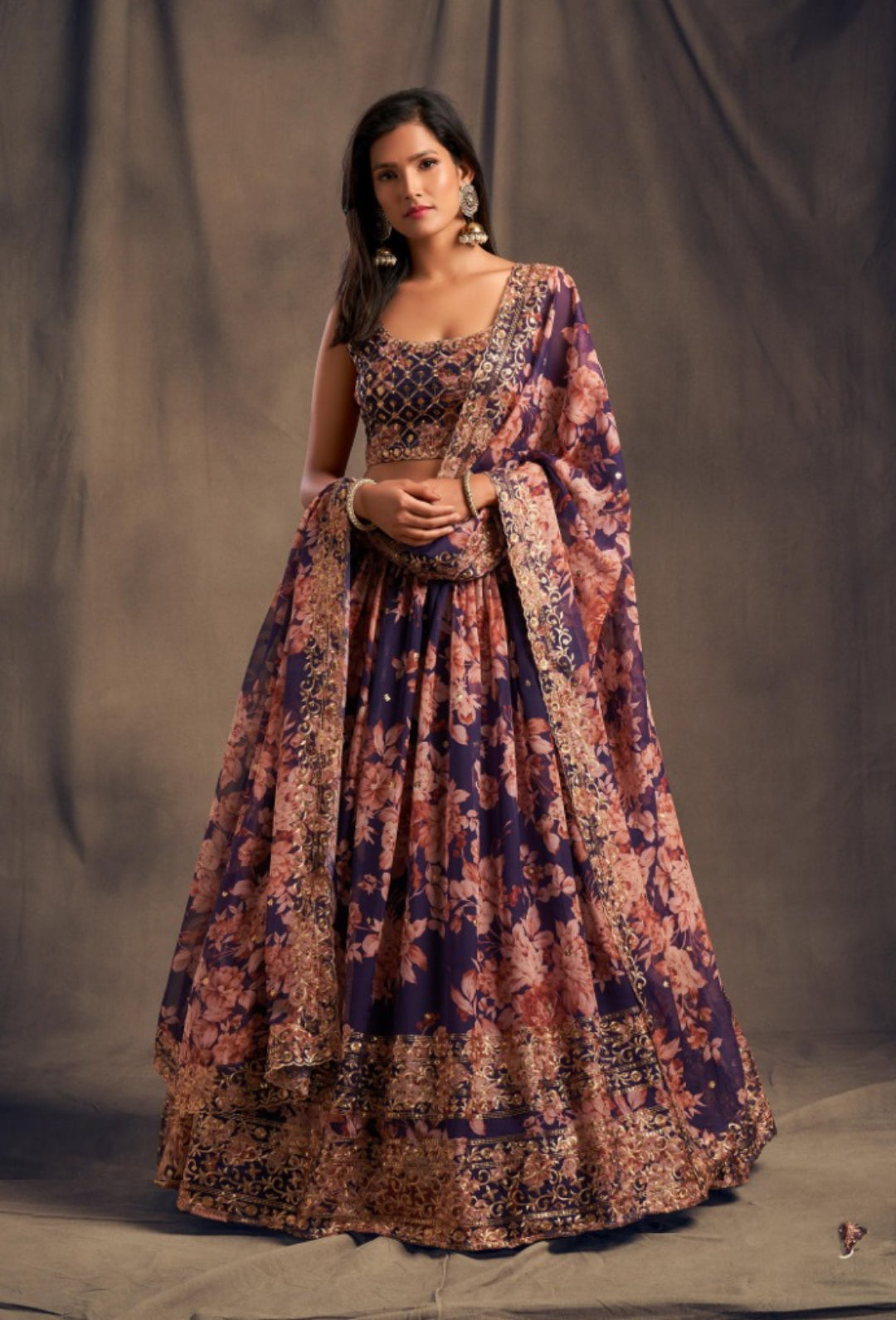 Women Purple Organza Stylish Lehenga