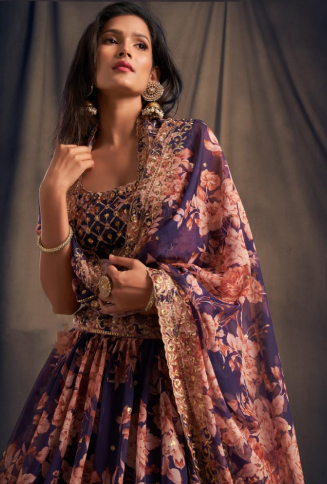 Women Purple Organza Stylish Lehenga
