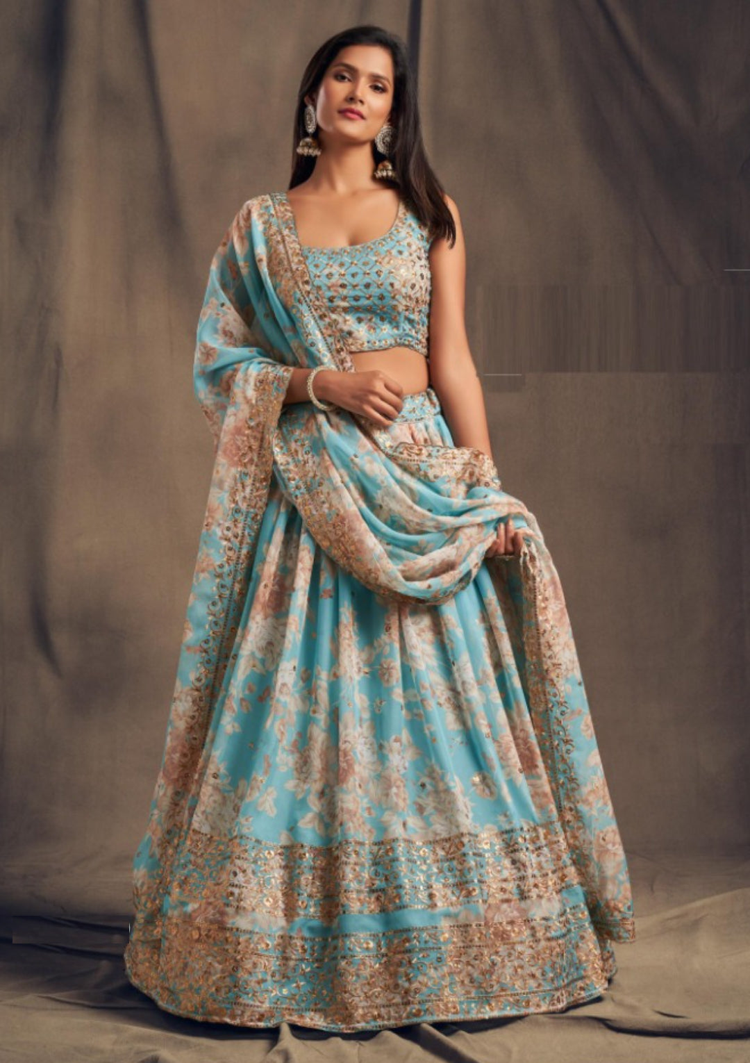 Women Blue Organza Stylish Lehenga