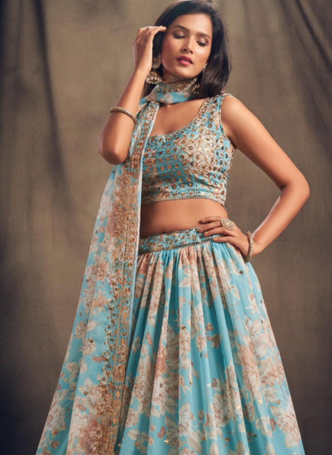 Women Blue Organza Stylish Lehenga