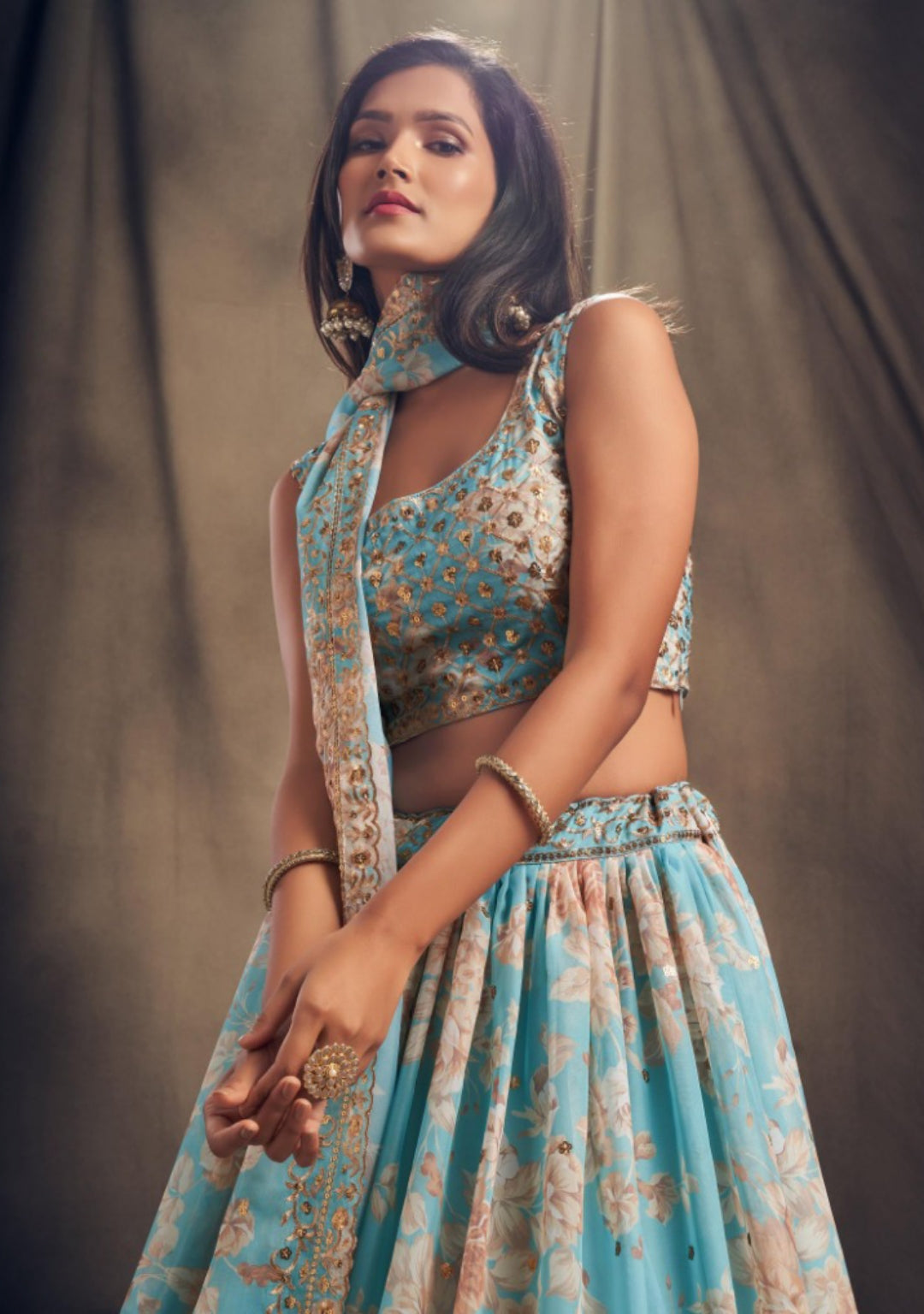 Women Blue Organza Stylish Lehenga