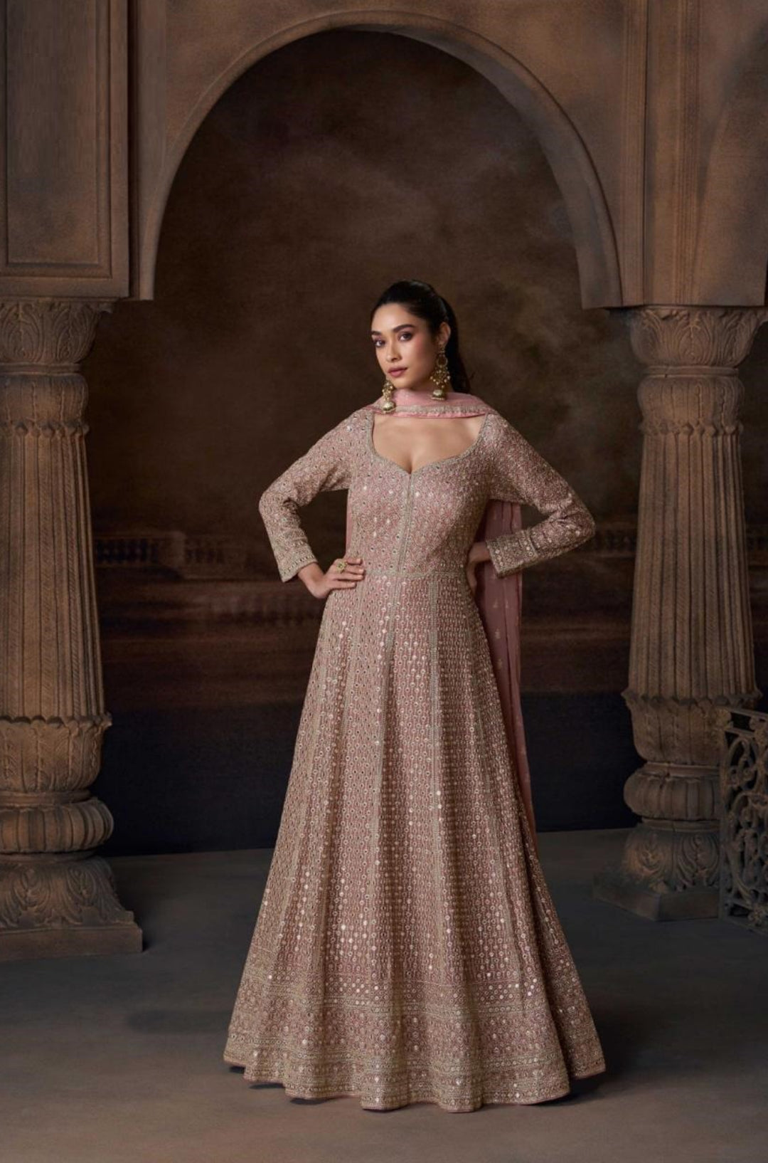 Captivating Mauve Georgette With Embroidery Work Gown With Dupatta