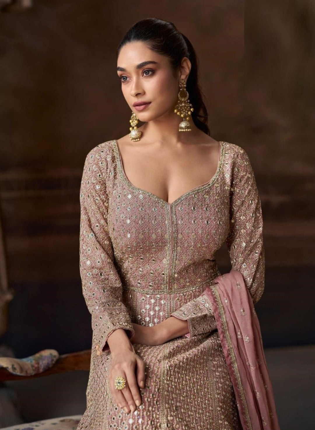 Captivating Mauve Georgette With Embroidery Work Gown With Dupatta