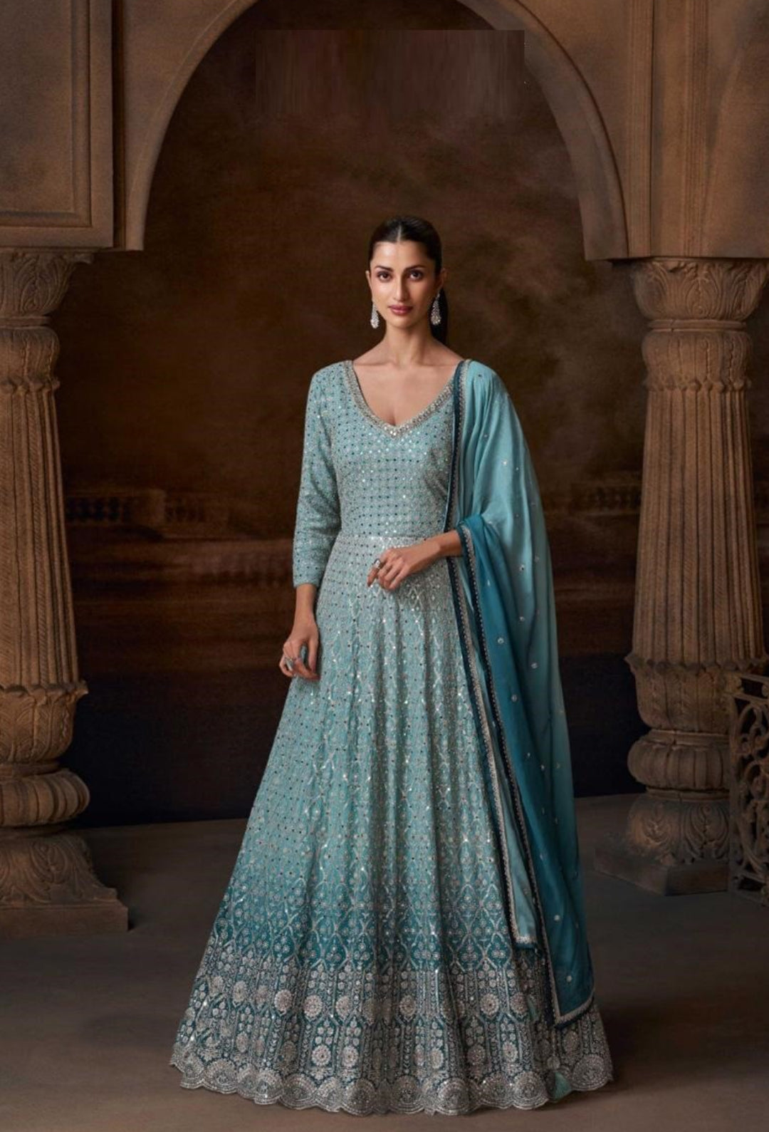 Pretty Light Blue Georgette With Embroidery Work Gown With Dupatta