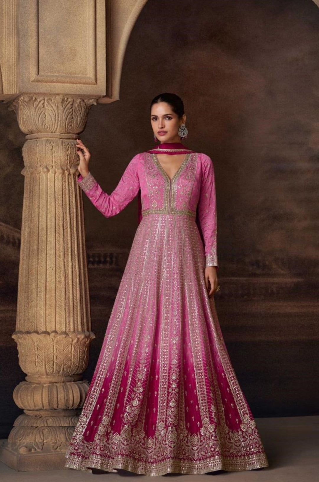 Charming Pink Georgette With Embroidery Work Gown With Dupatta