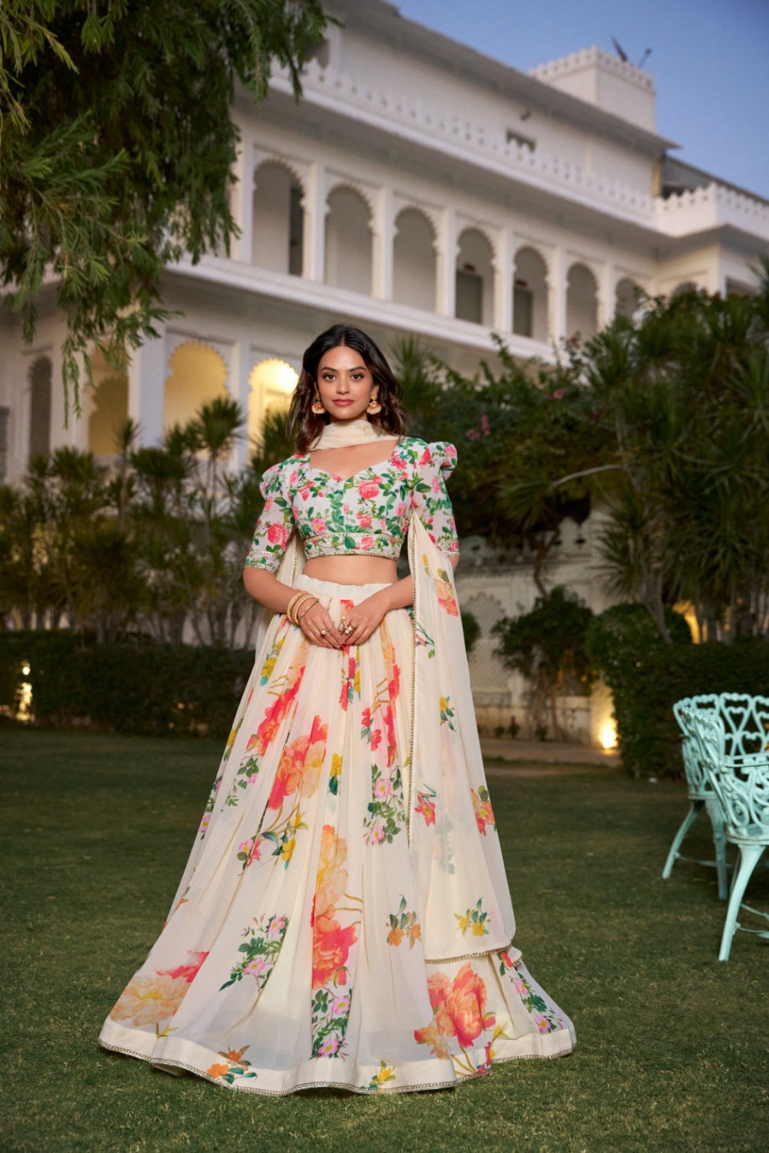 Women Off White Multi Georgette Floral Print Lehenga