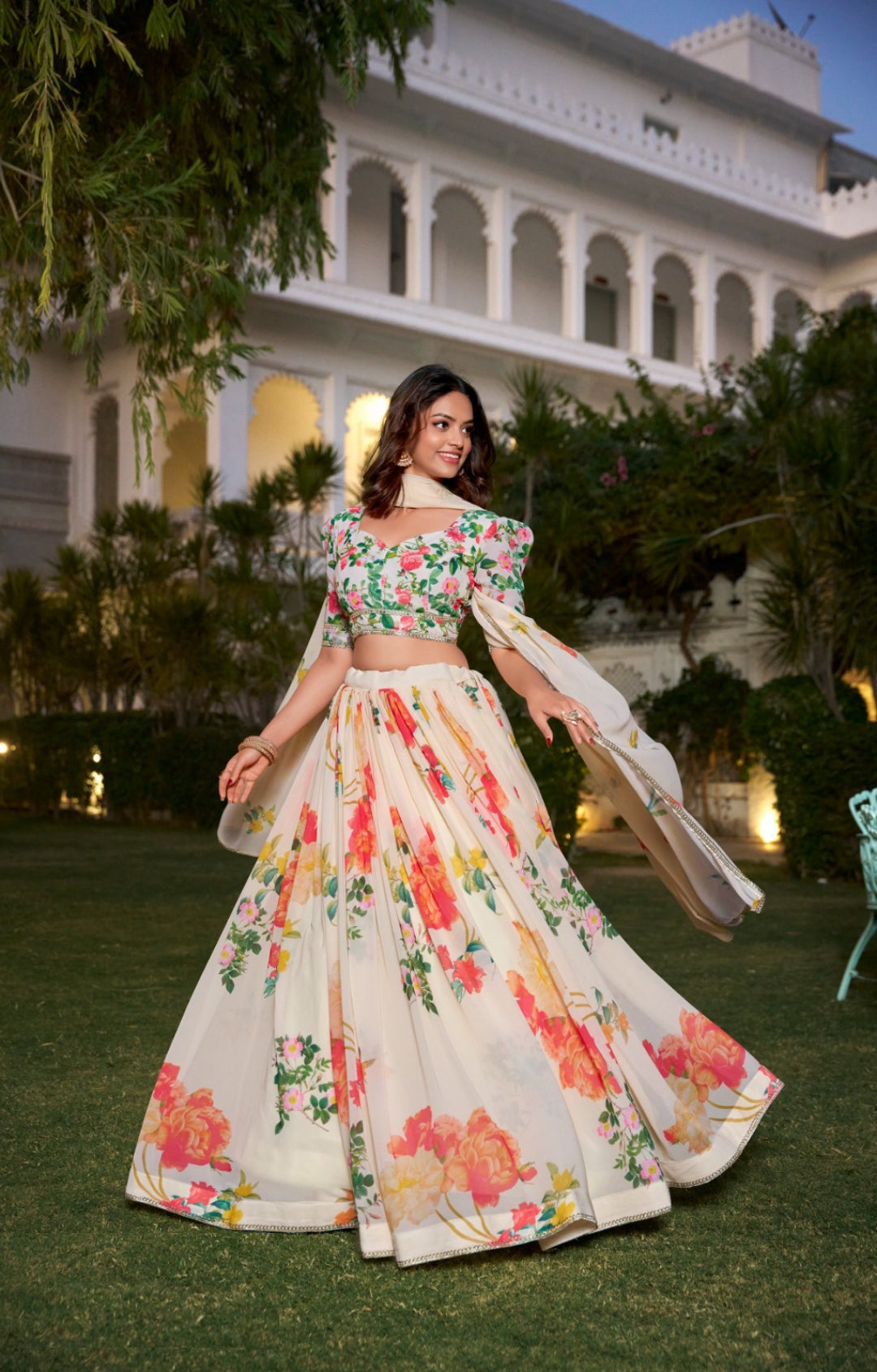 Women Off White Multi Georgette Floral Print Lehenga