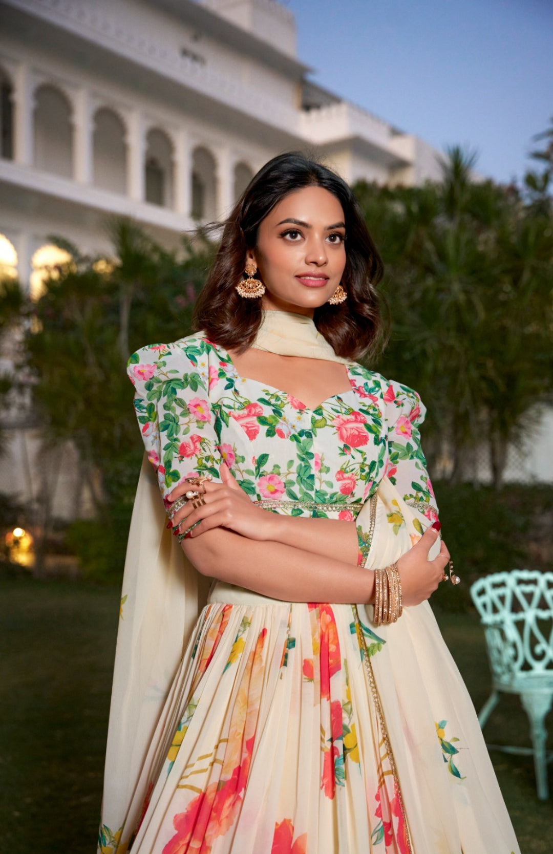 Women Off White Multi Georgette Floral Print Lehenga