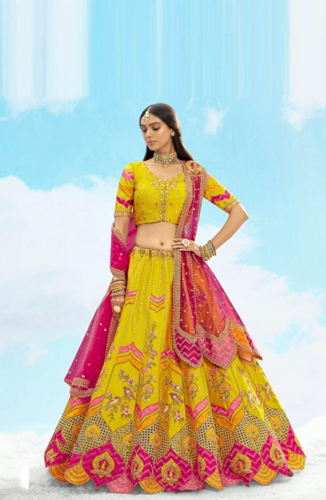 Vivid Yellow And Pink Silk Stylish Lehenga