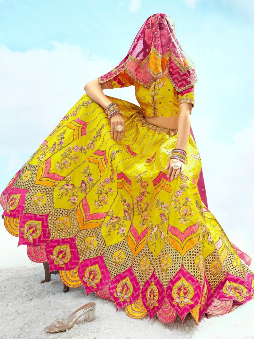 Vivid Yellow And Pink Silk Stylish Lehenga