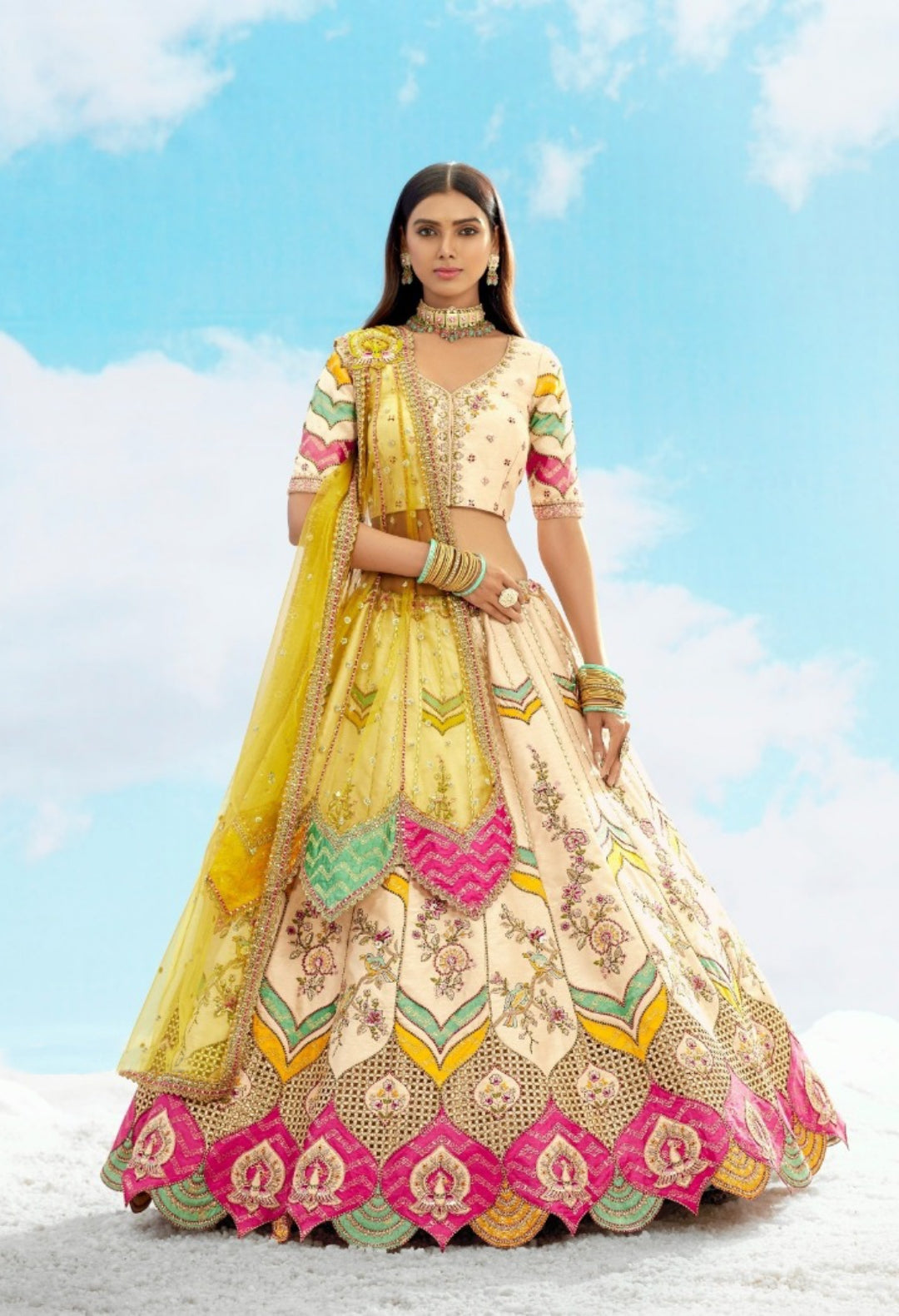 Sculpted Cream Multi Silk Stylish Lehenga