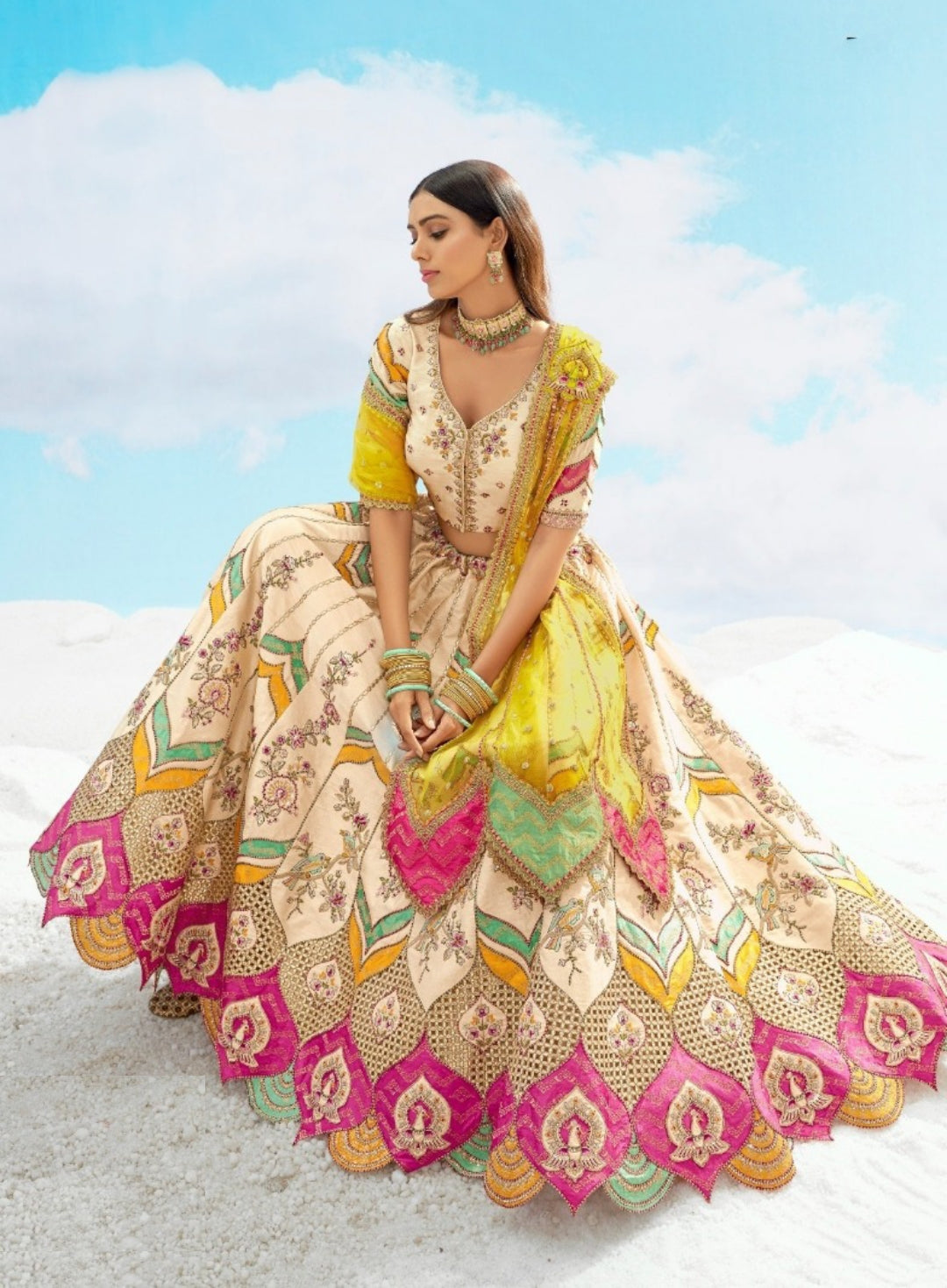 Sculpted Cream Multi Silk Stylish Lehenga
