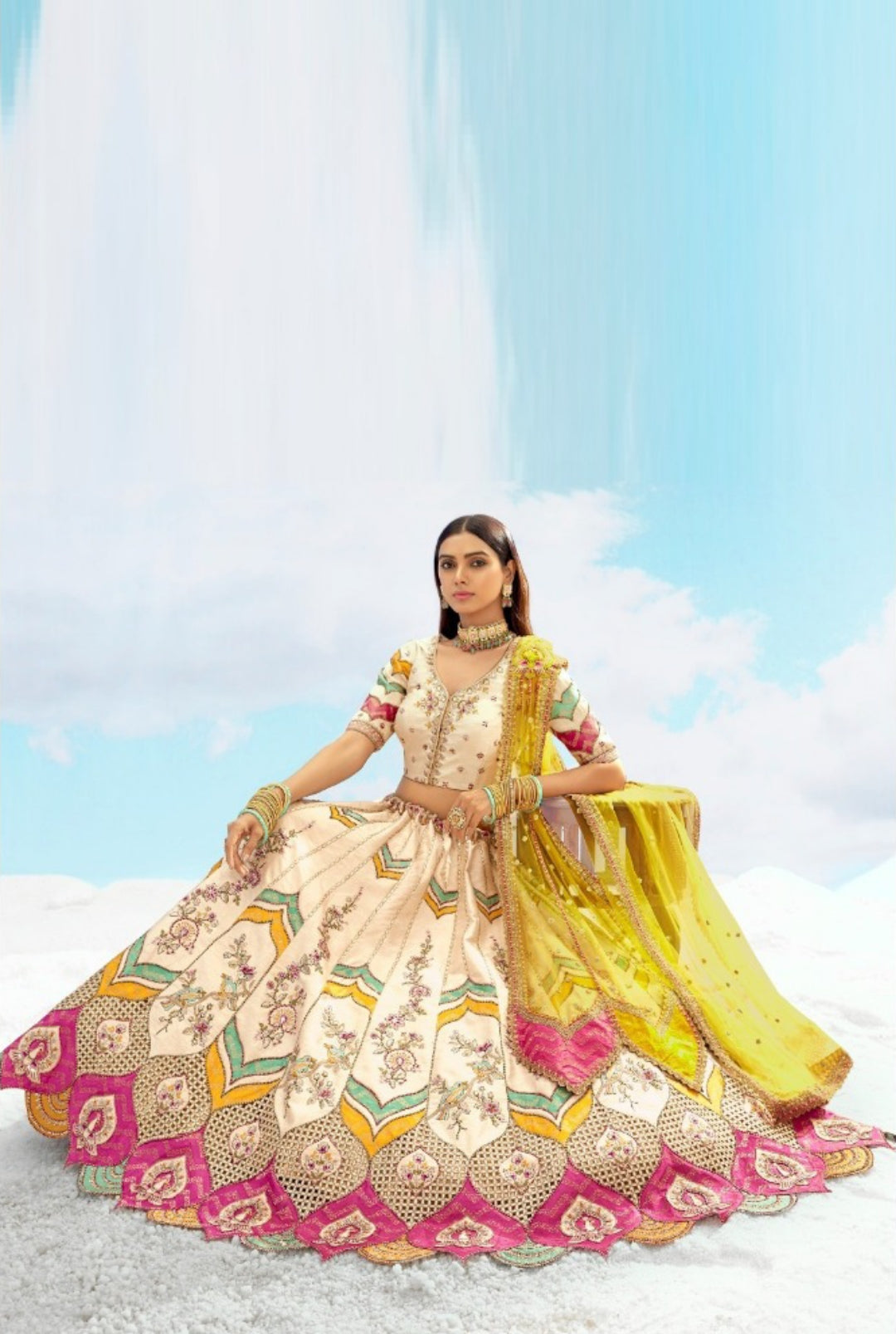 Sculpted Cream Multi Silk Stylish Lehenga