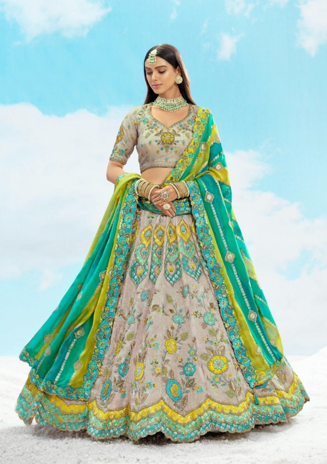 Enchanting Grey And Rama Green Silk Stylish Lehenga