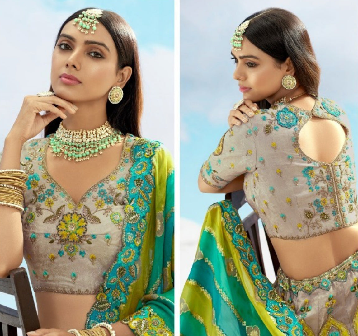 Enchanting Grey And Rama Green Silk Stylish Lehenga