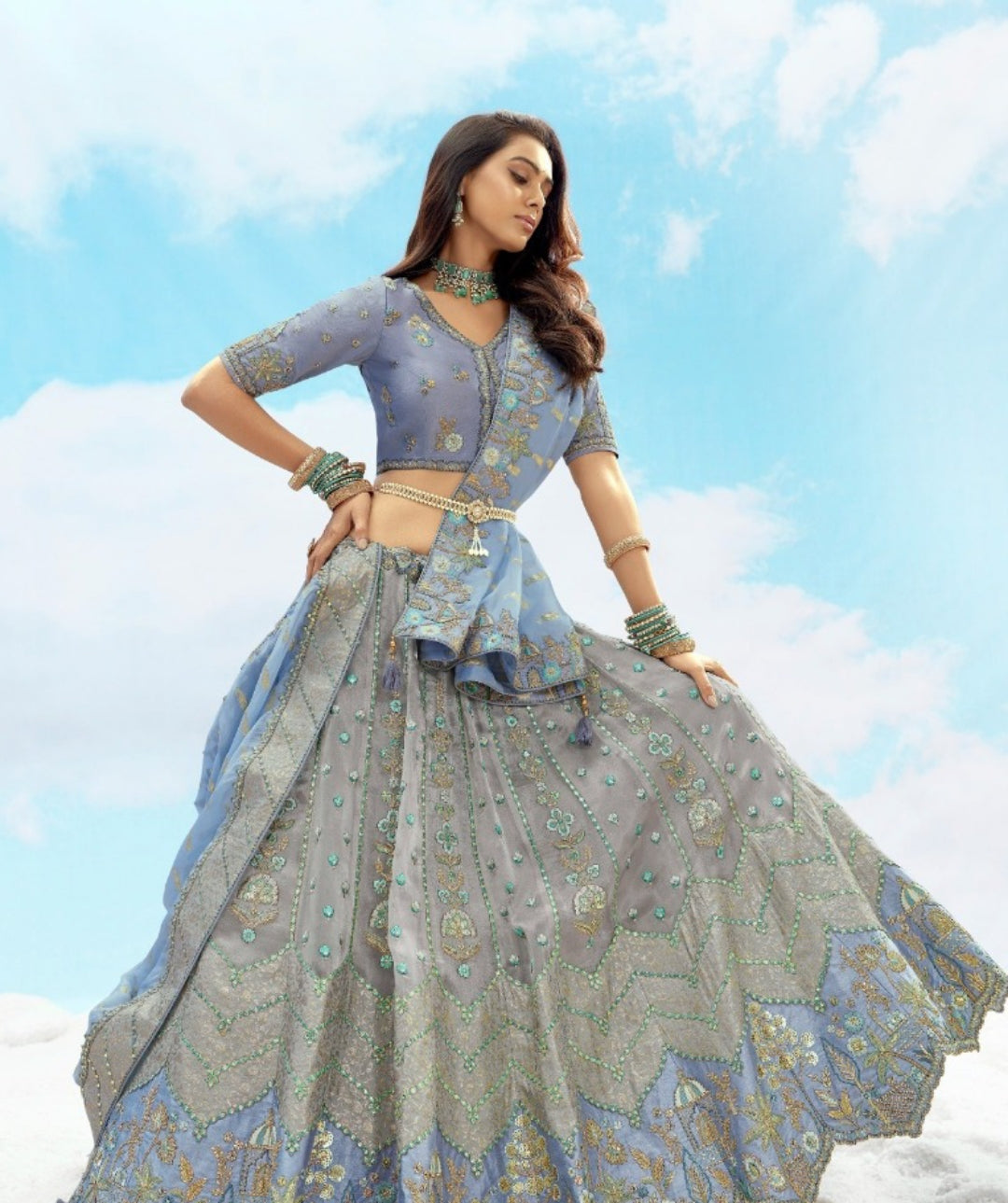 Flattering Greyish Blue Silk Stylish Lehenga