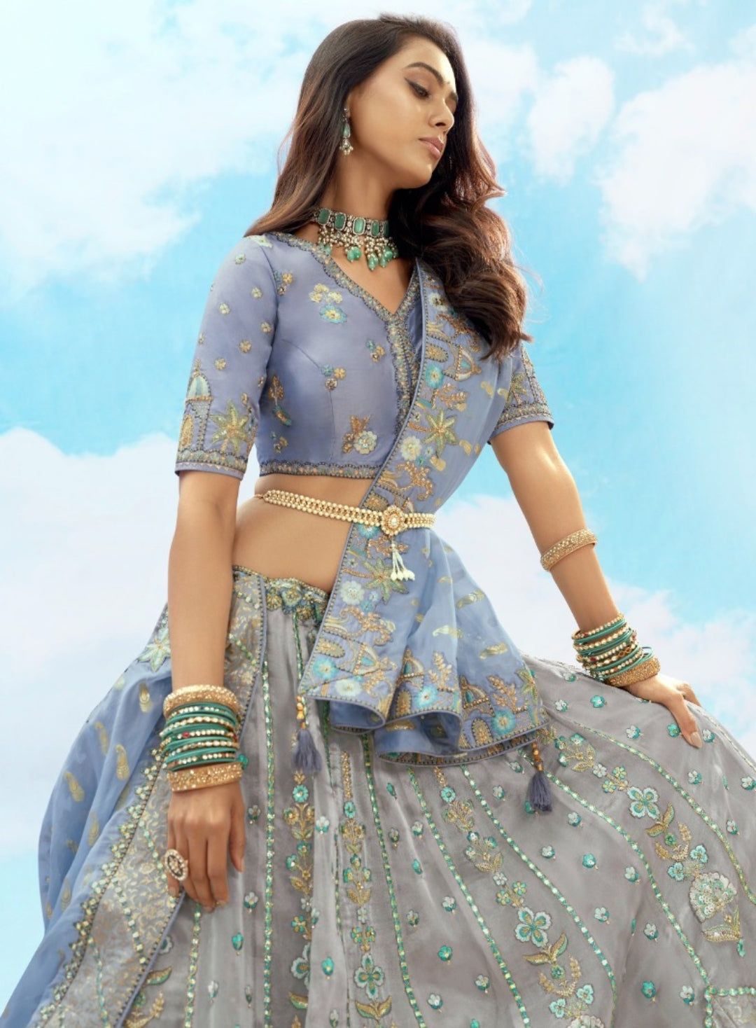Flattering Greyish Blue Silk Stylish Lehenga