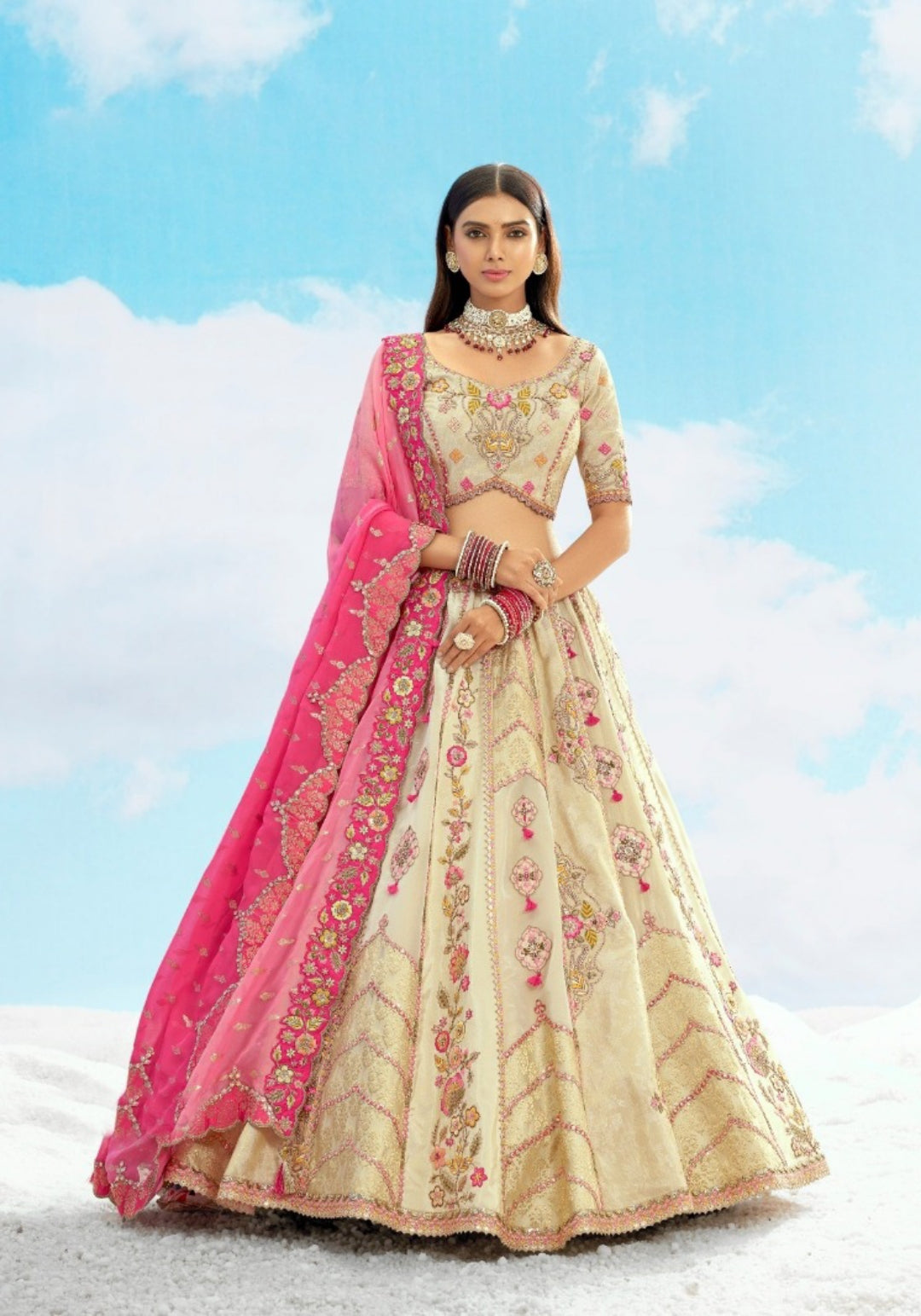 Sublime Cream Silk Stylish Lehenga