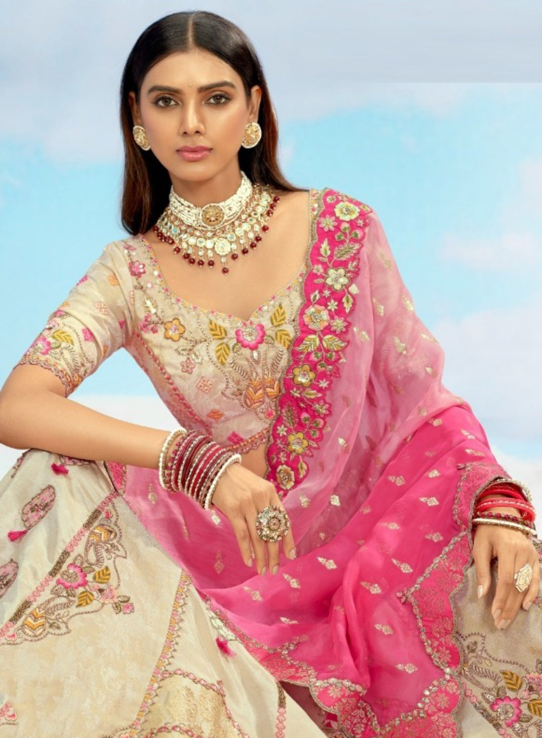 Sublime Cream Silk Stylish Lehenga