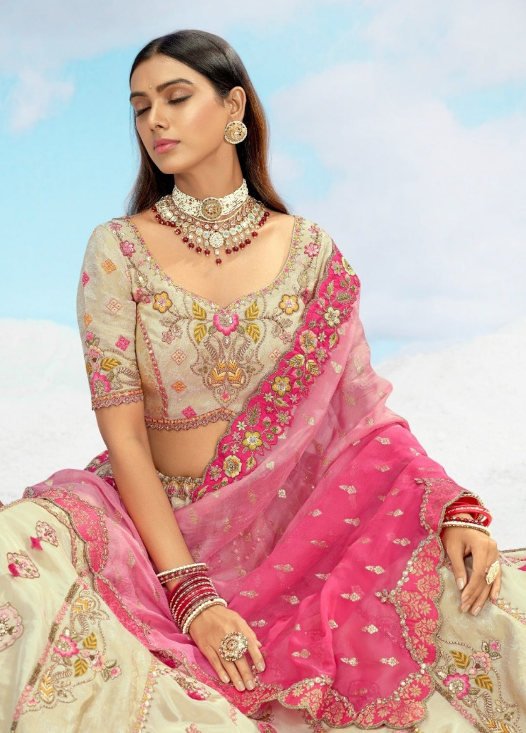 Sublime Cream Silk Stylish Lehenga
