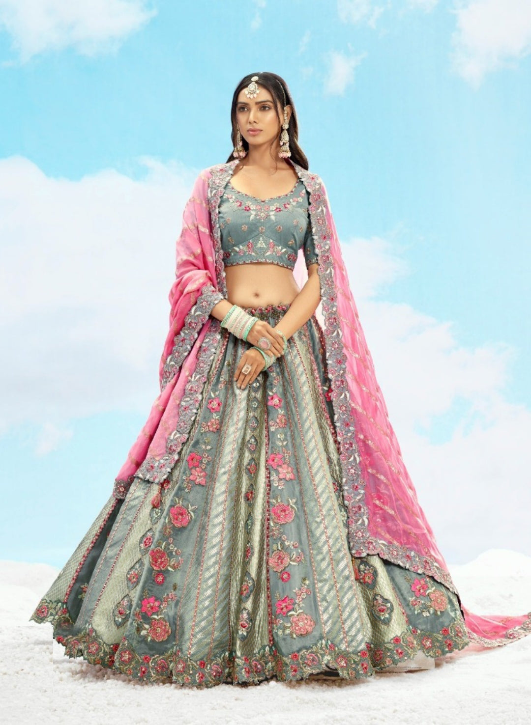 Couture Grey And Pink Silk Stylish Lehenga