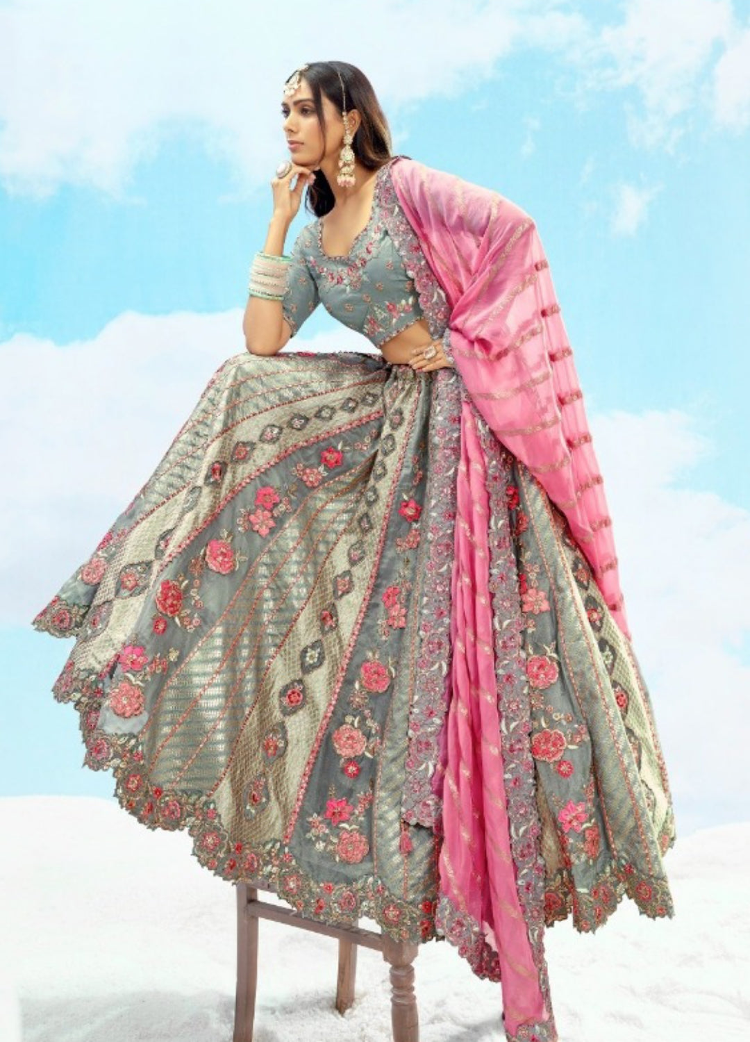 Couture Grey And Pink Silk Stylish Lehenga
