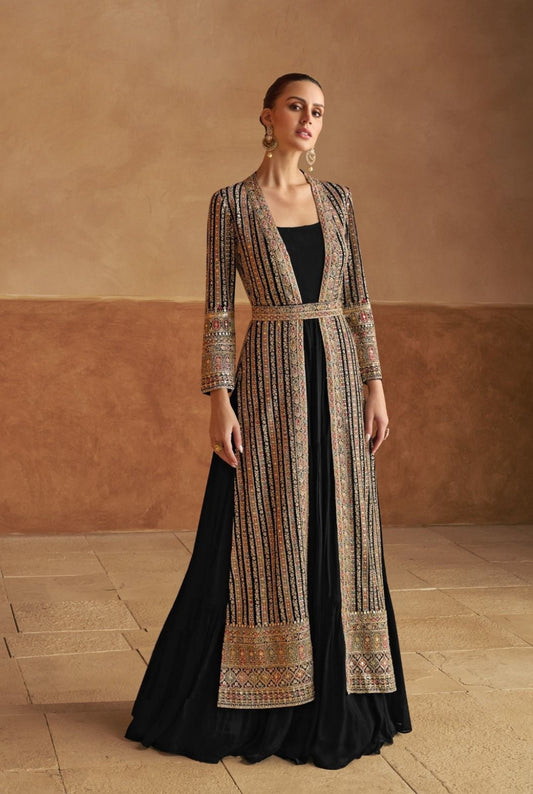 Women Black Georgette Sequins Embroidery & Hand Work Gown With Jacket