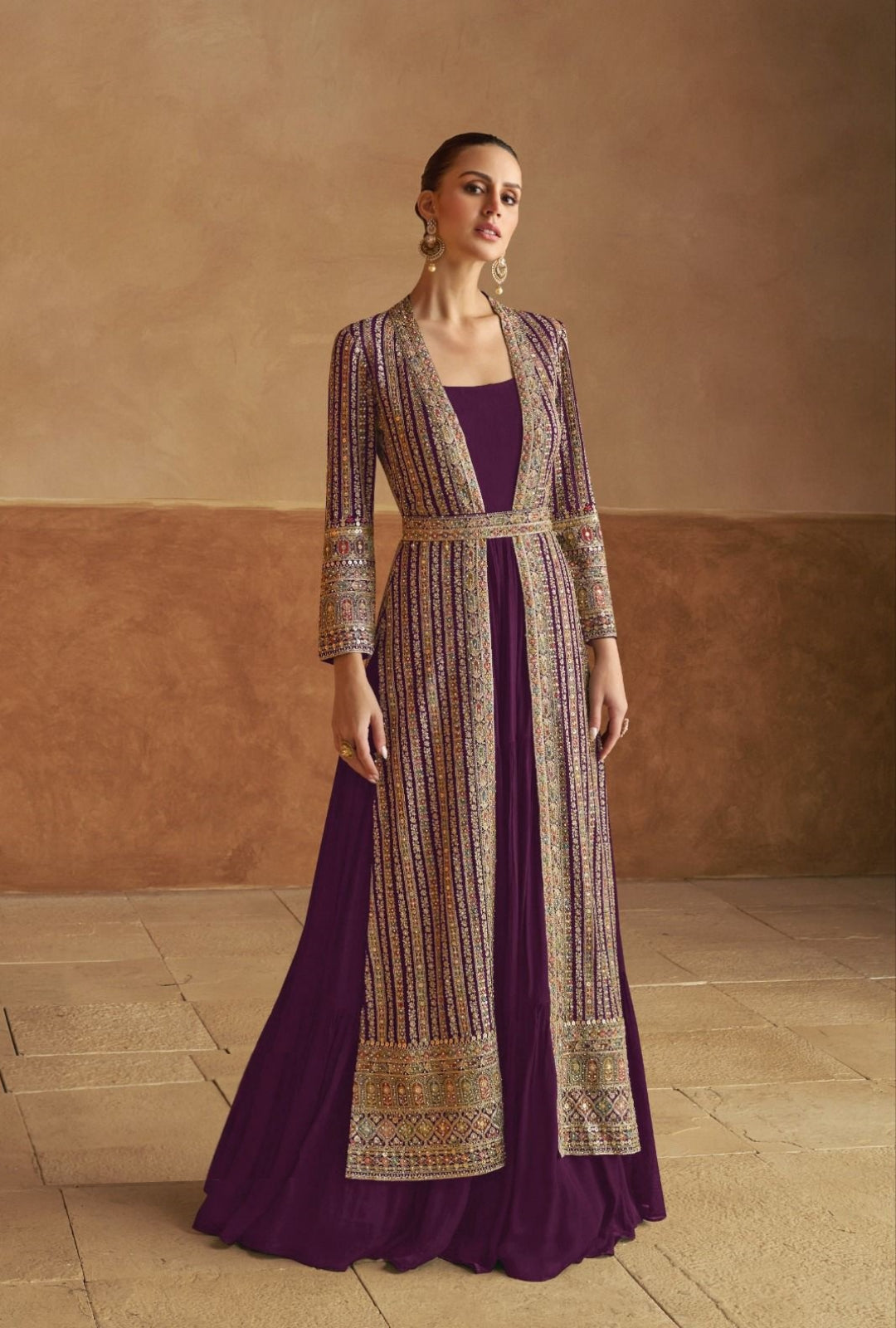 Women Purple Georgette Sequins Embroidery & Hand Work Gown With Jacket