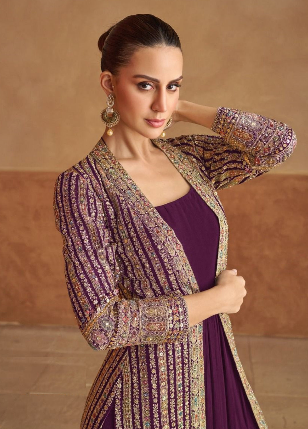 Women Purple Georgette Sequins Embroidery & Hand Work Gown With Jacket