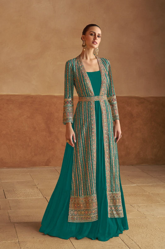 Women Teal Georgette Sequins Embroidery & Hand Work Gown With Jacket