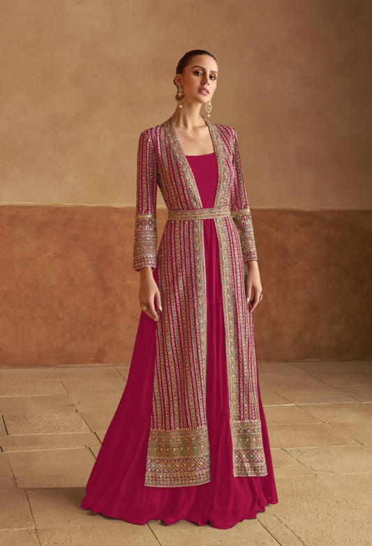 Women Pink Georgette Sequins Embroidery & Hand Work Gown With Jacket