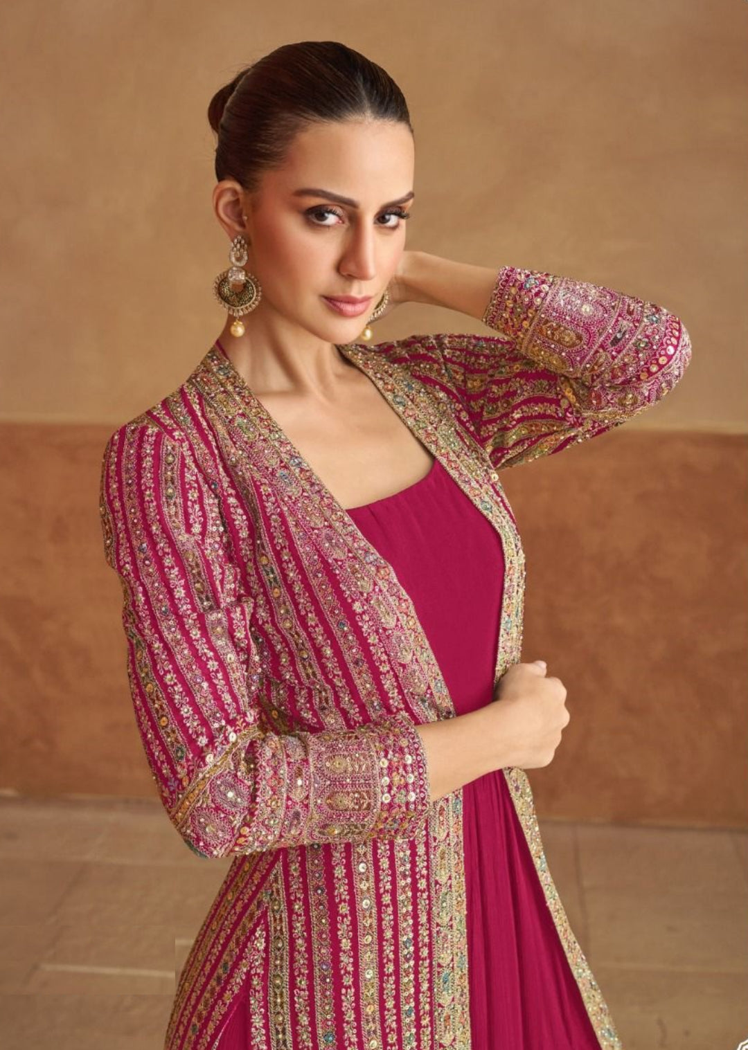 Women Pink Georgette Sequins Embroidery & Hand Work Gown With Jacket