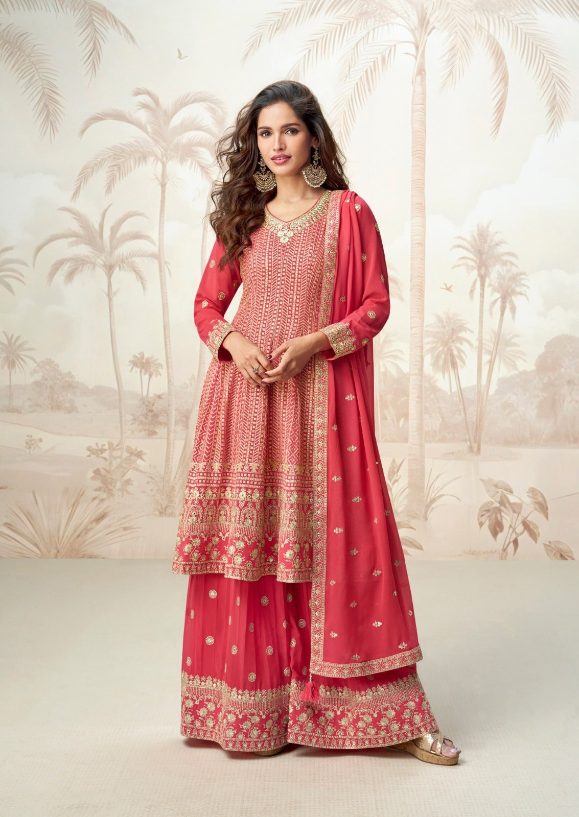 Women Red Georgette Palazzo Bottom Suit Set