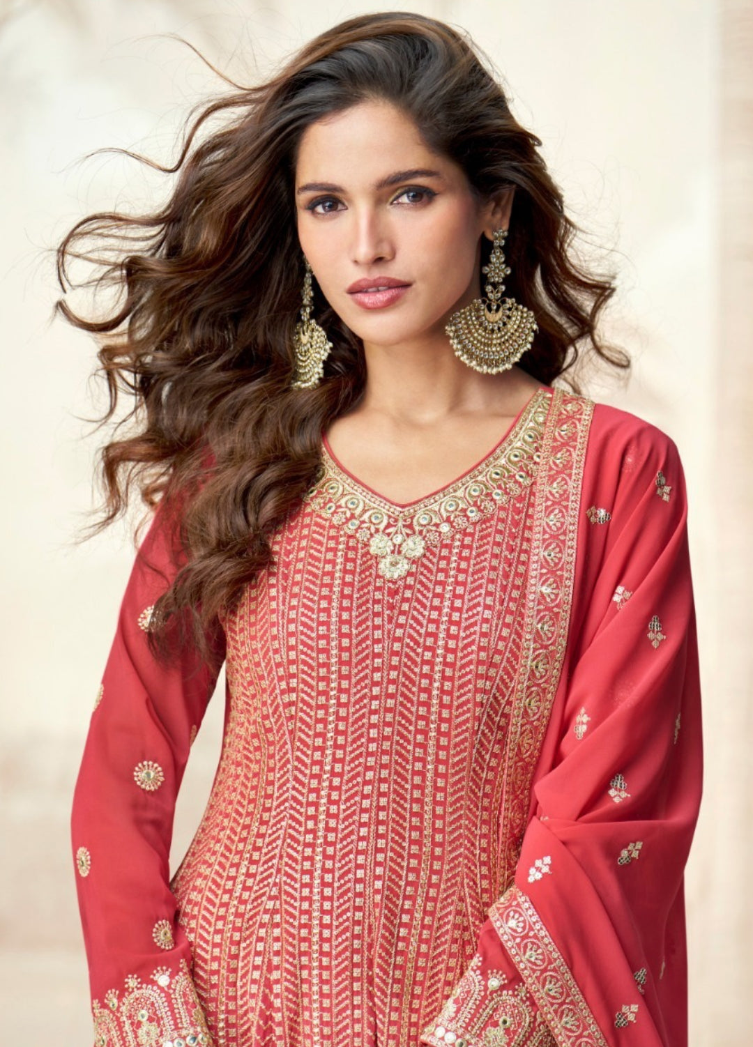 Women Red Georgette Palazzo Bottom Suit Set