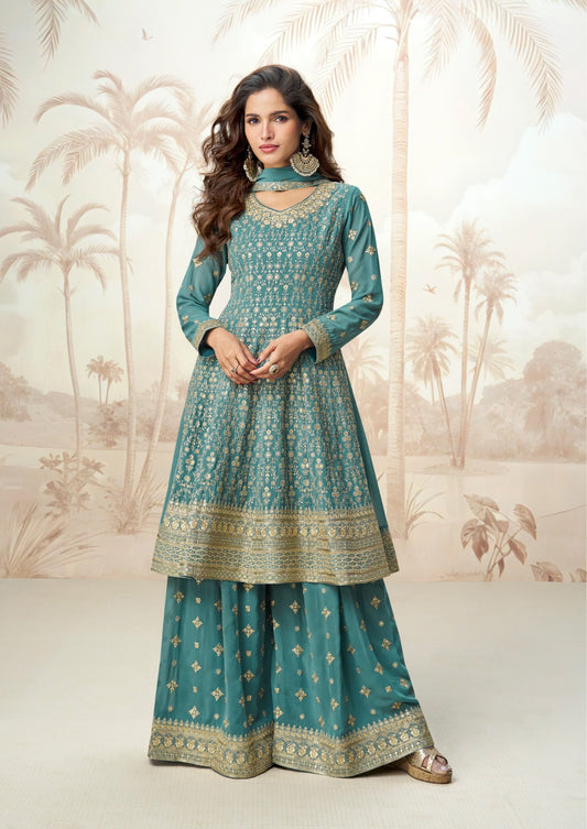 Women Sky Blue Georgette Palazzo Bottom Suit Set
