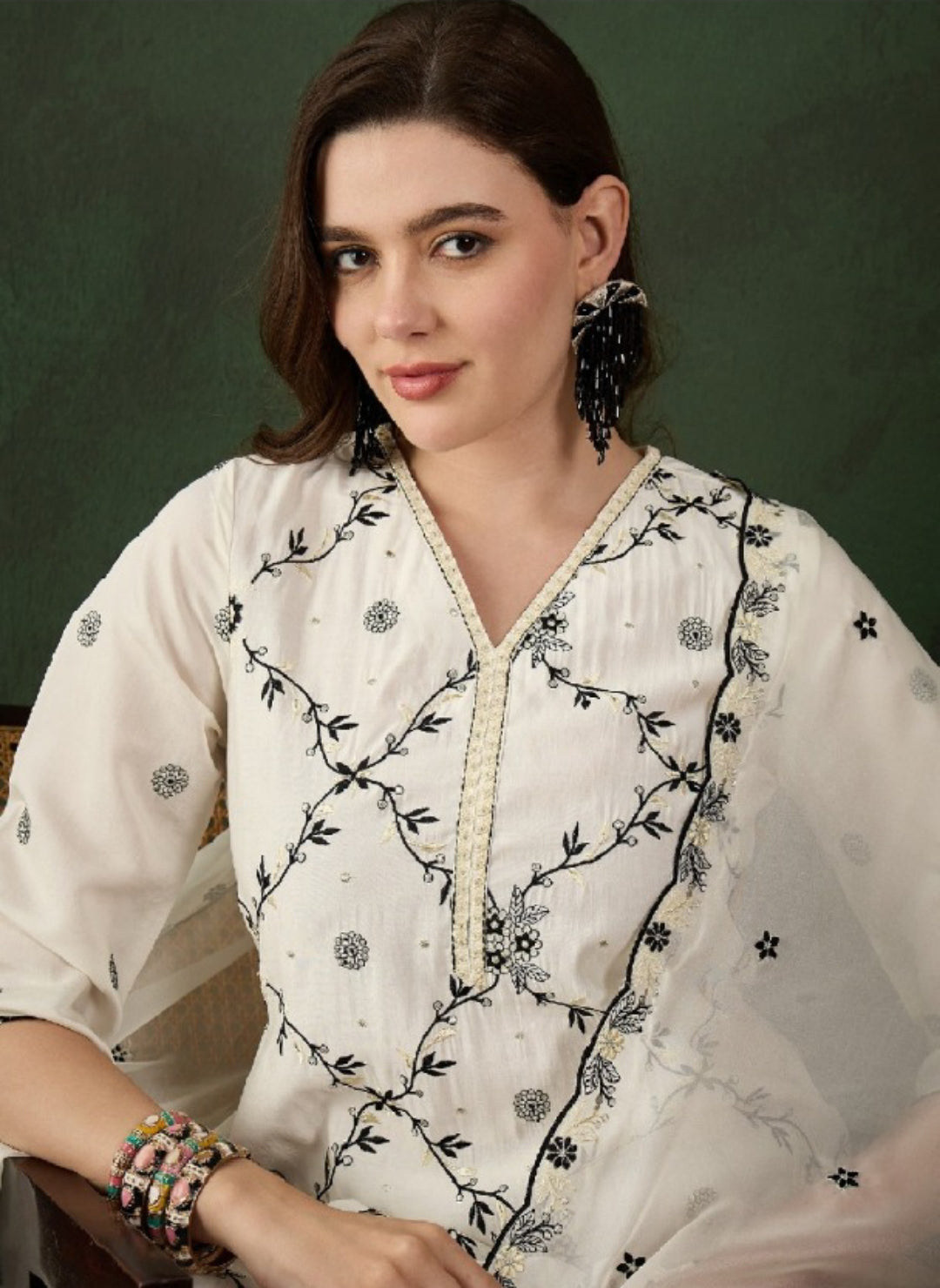 Women White Chanderi Silk Pakistani Suit Set