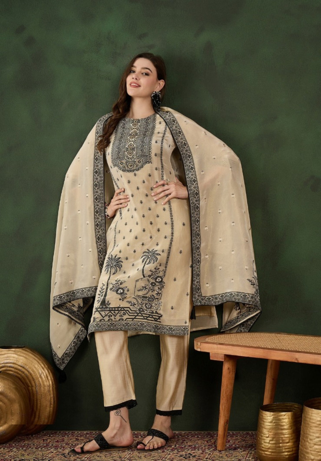 Women Beige Organza Pakistani Suit Set