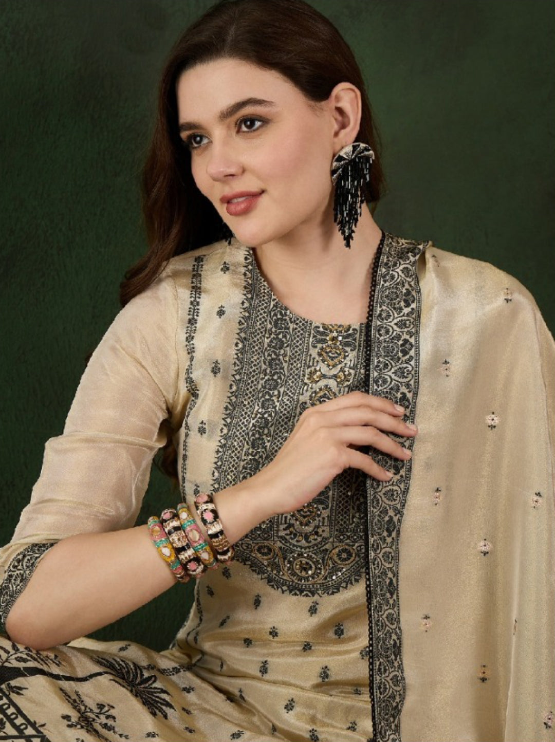 Women Beige Organza Pakistani Suit Set