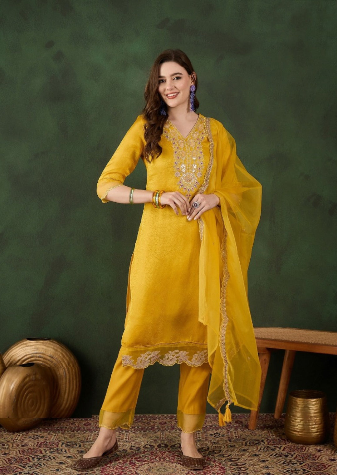 Women Yellow Chanderi Silk Pakistani Suit Set