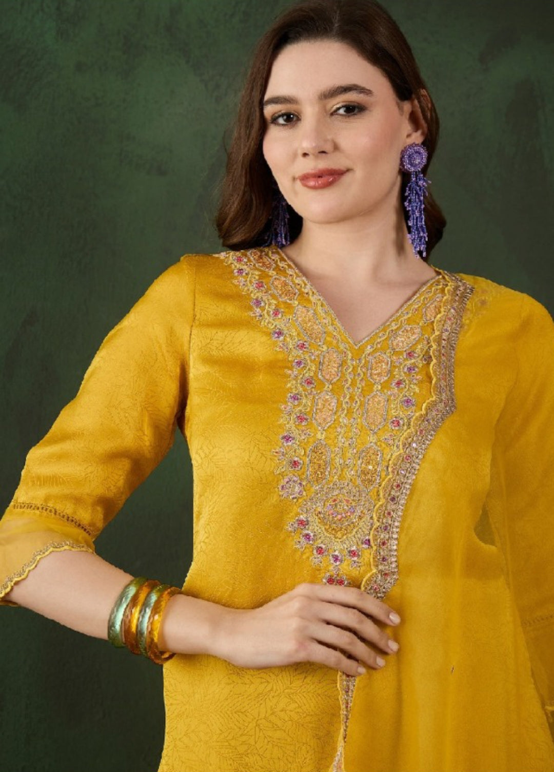 Women Yellow Chanderi Silk Pakistani Suit Set