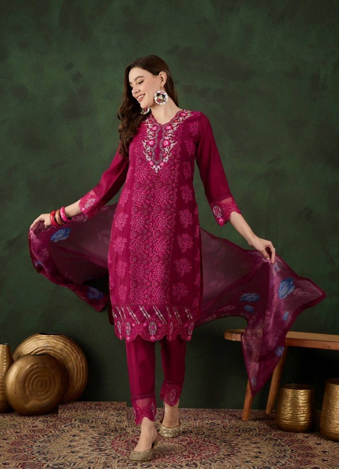 Women Magenta Poly Chanderi Pakistani Suit Set