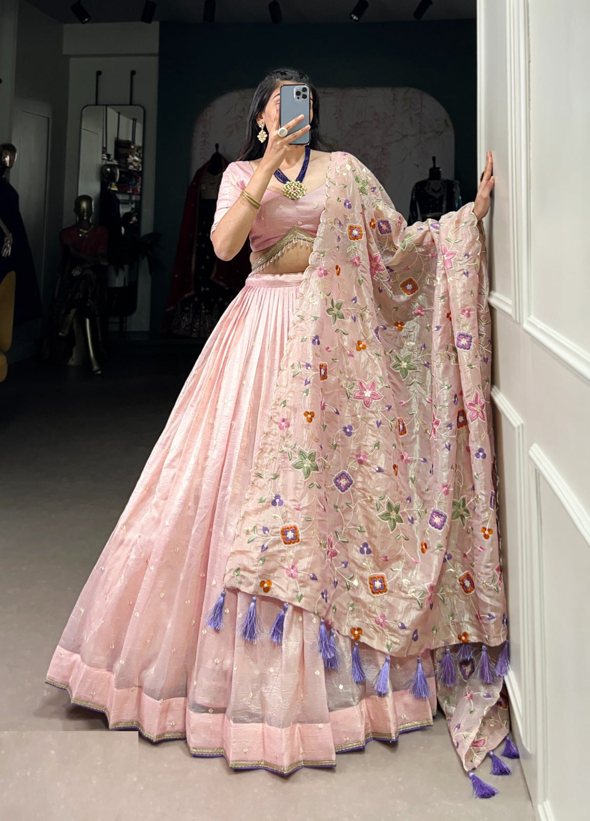 Women Light Pink Gold Crush Sequins And Thread Embroidery Traditional Lehenga