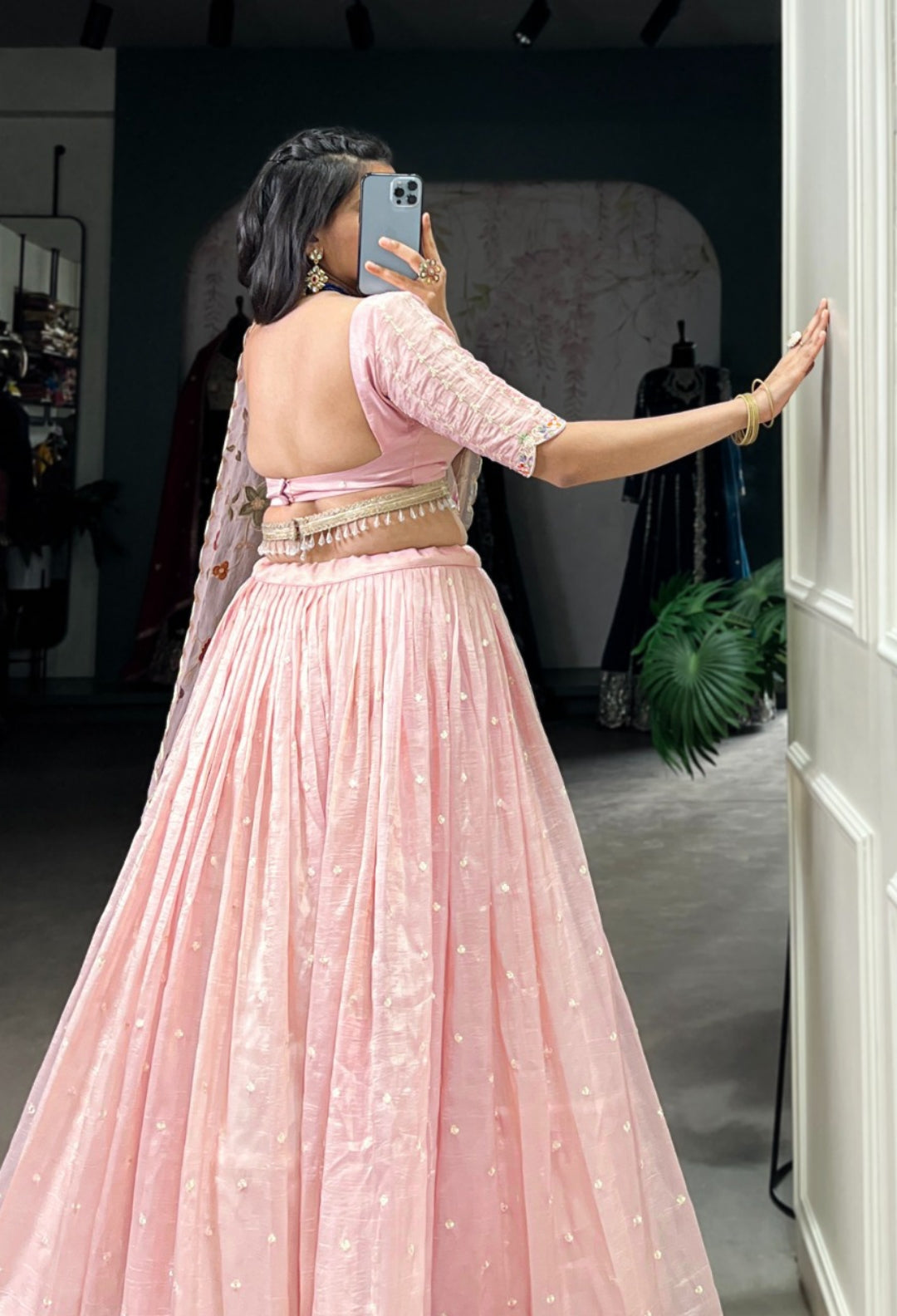 Women Light Pink Gold Crush Sequins And Thread Embroidery Traditional Lehenga