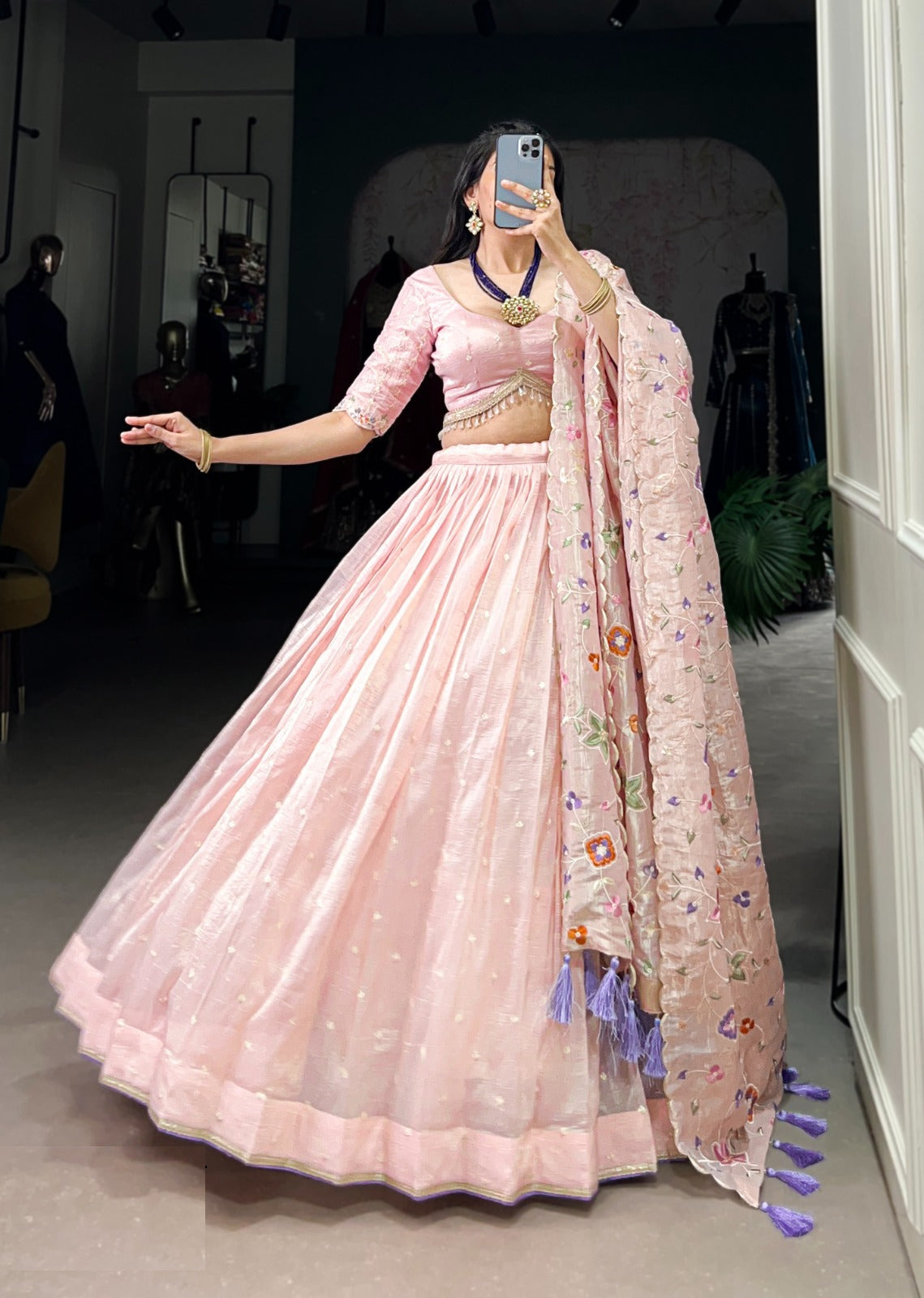 Women Light Pink Gold Crush Sequins And Thread Embroidery Traditional Lehenga