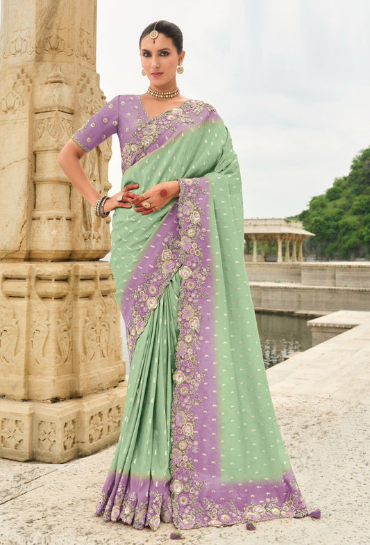 Women Sea Green And Purple Silk With Embroidery Sequins Work Bridal Saree