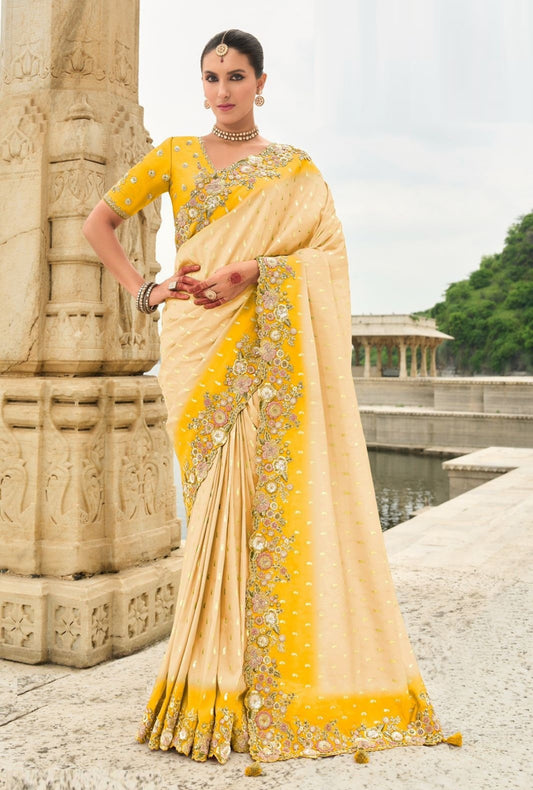 Women Peach And Yellow Silk With Embroidery Sequins Work Bridal Saree