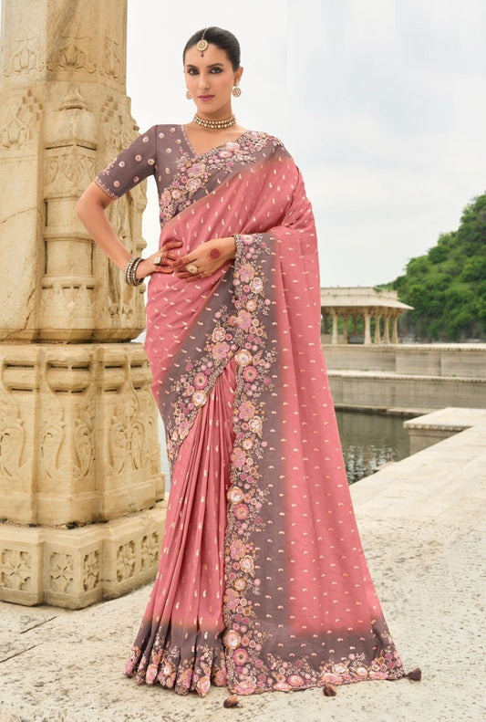 Women Coral Silk With Embroidery Sequins Work Bridal Saree