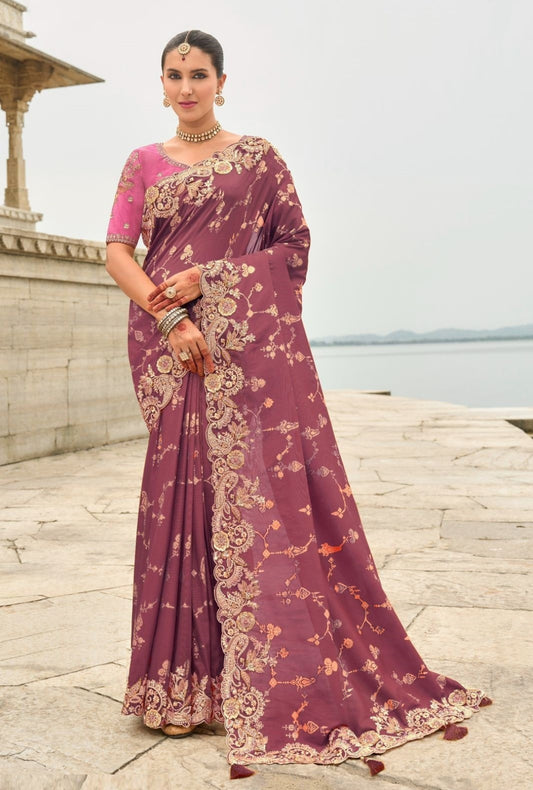 Women Burgundy Silk With Embroidery Sequins Work Bridal Saree
