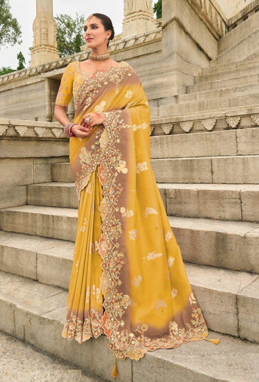 Women Mustard Silk With Embroidery Sequins Work Bridal Saree