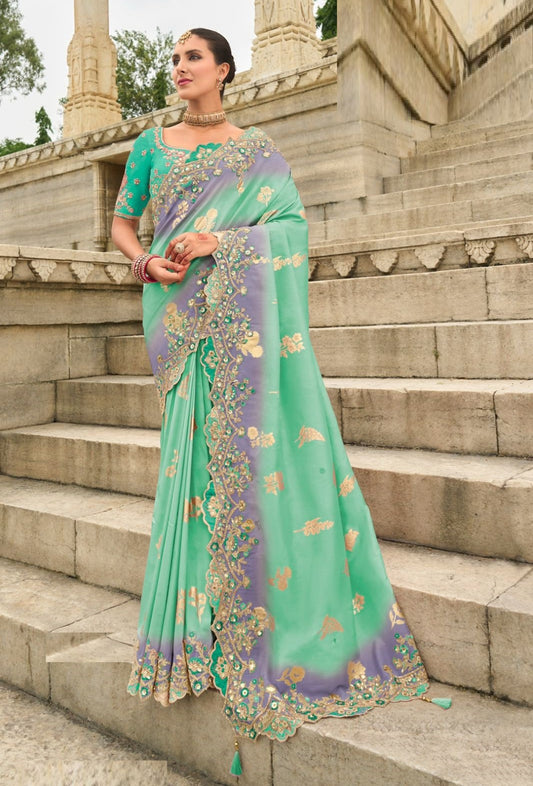 Women Rama Green Silk With Embroidery Sequins Work Bridal Saree